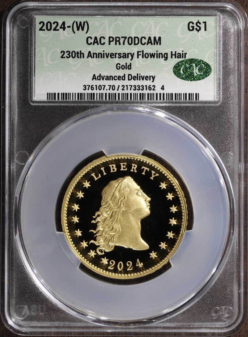 2024 Proof Flowing Hair Gold Dollar PR70 230th Anniversary Advanced Delivery CAC: 2024 Proof Flowing Hair Gold Dollar PR70 230th Anniversary Advanced Delivery CAC This 2024 Flowing Hair $1 gold coin commemorates the 230th anniversary of the original design. Struck in proof quality 