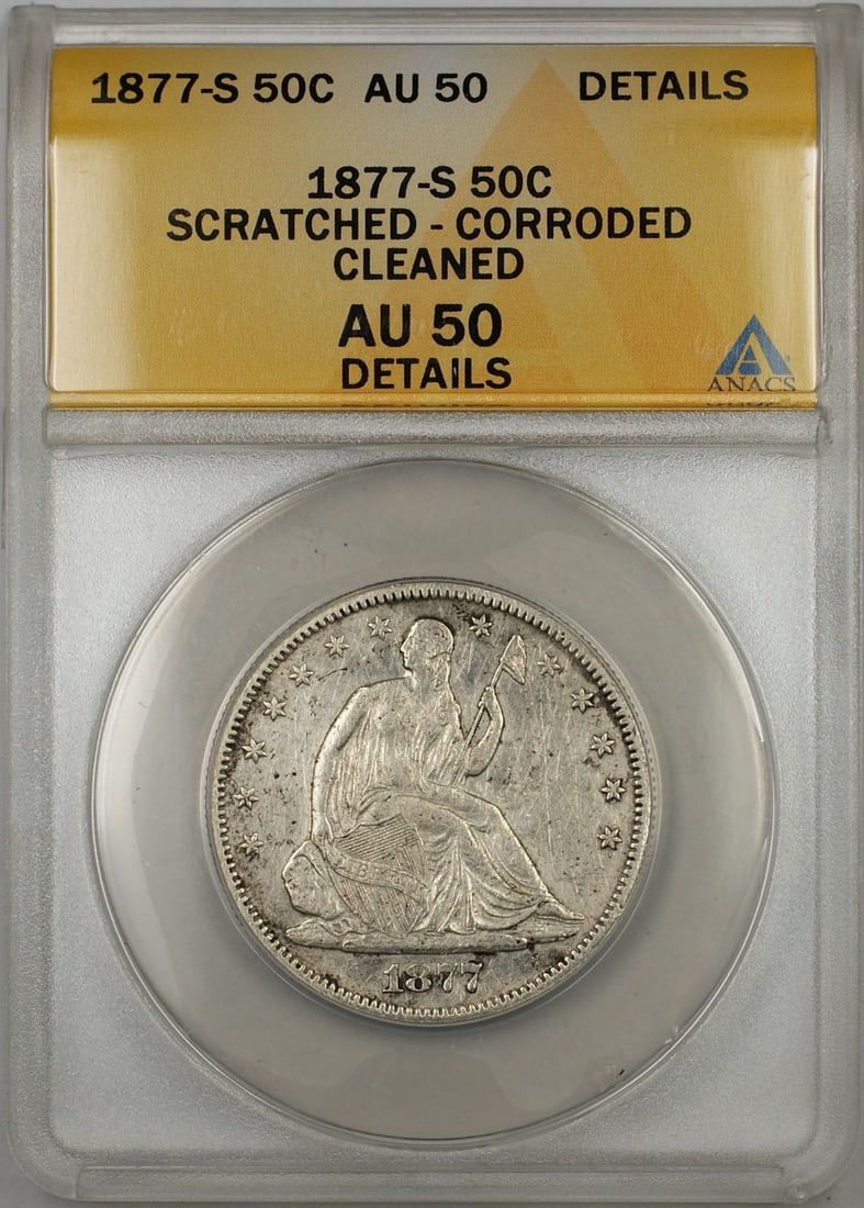 ANACS AU 50 1877-S Seated Liberty Half Dollar Cleaned Details: ANACS AU 50 1877-S Seated Liberty Half Dollar Cleaned Details 1877-S Seated Liberty silver 50C coin from the United States, certified by ANACS and graded AU 50. This circulated example is noted with s