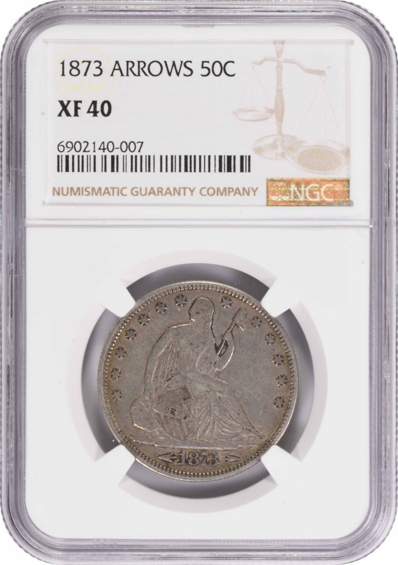 NGC EF40 1873 Seated Liberty Half Dollar 50C Silver: NGC EF40 1873 Seated Liberty Half Dollar 50C Silver 1873 Liberty Seated Half Dollar certified by NGC and graded EF40. This circulated, pre-owned United States 50C coin features the Seated Liberty desi