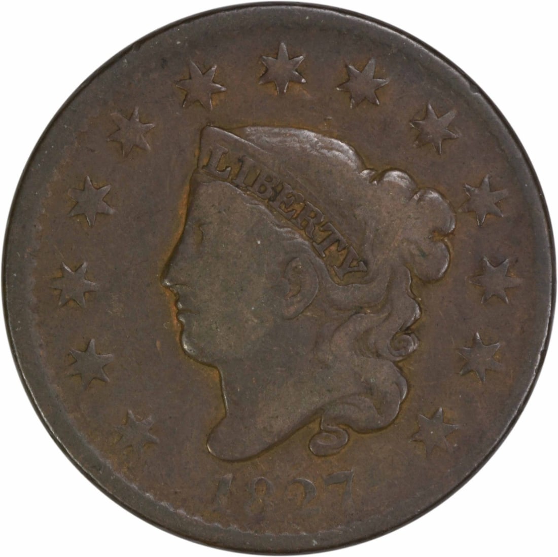 1827 Coronet Head Large Cent Copper Uncertified VG: 1827 Coronet Head Large Cent Copper Uncertified VG This 1827 Large Cent is a notable piece from the United States, featuring the classic Coronet Head design by Robert Scot. It is classified as VG (Ver