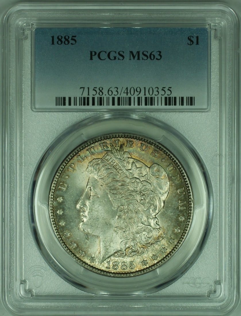PCGS MS63 1885 Silver Morgan Dollar Philadelphia Light Toning: PCGS MS63 1885 Silver Morgan Dollar Philadelphia Light Toning This 1885 Morgan Silver Dollar from the United States was minted in Philadelphia. Certified by PCGS and graded MS-63, this uncirculated co