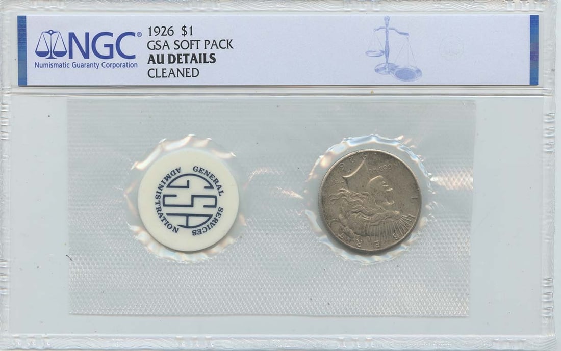 NGC AU Details 1926 Peace Dollar in GSA Soft Pack: NGC AU Details 1926 Peace Dollar in GSA Soft Pack This is a 1926 Peace Dollar presented in a GSA soft pack and certified by NGC with AU Details. Minted in Philadelphia, this uncirculated coin is a pre