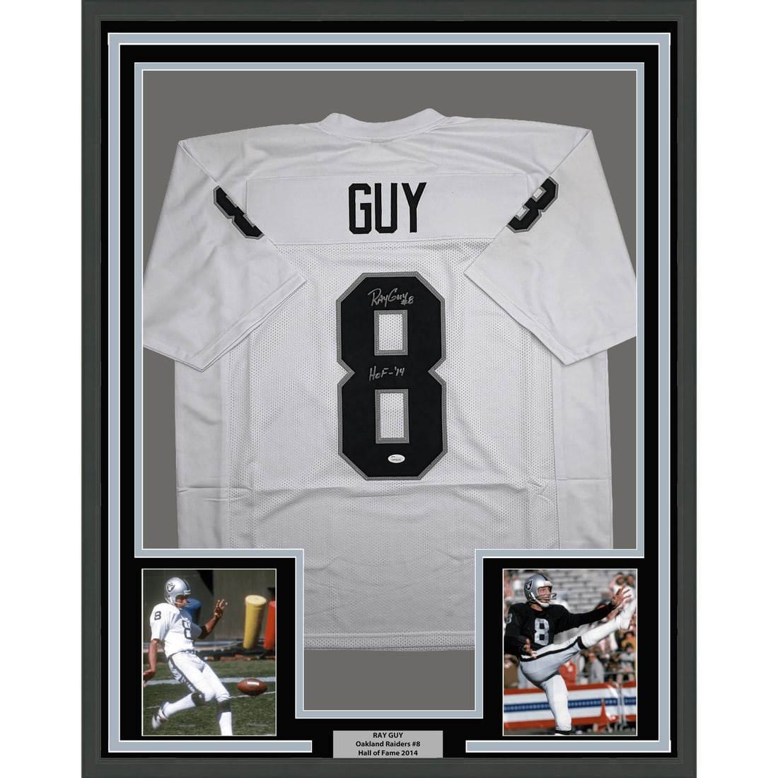 Ray Guy signed framed Raiders white football jersey JSA 35x39 (1 of 2)