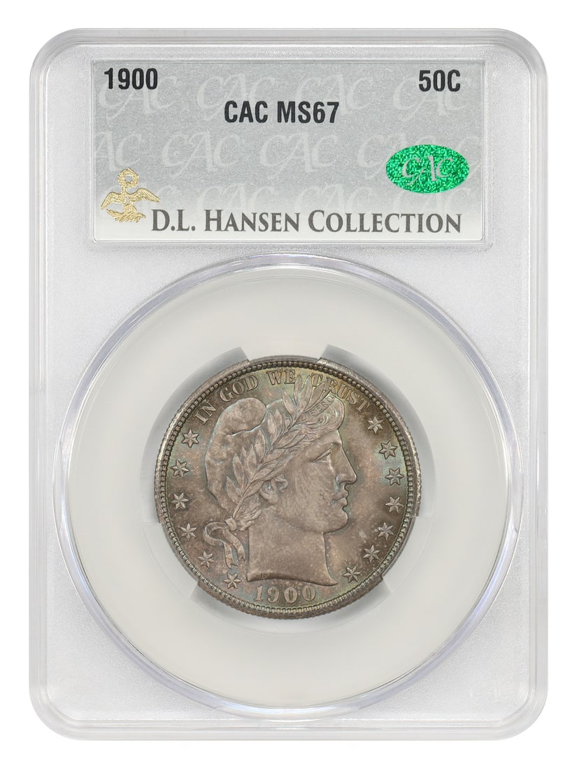 CACG MS67 1900 Barber Half Dollar 50C ex D.L. Hansen: CACG MS67 1900 Barber Half Dollar 50C ex D.L. Hansen 1900 Barber Half Dollar certified CACG MS67, ex: D.L. Hansen. Struck in Philadelphia and offered in uncirculated condition, this example comes from