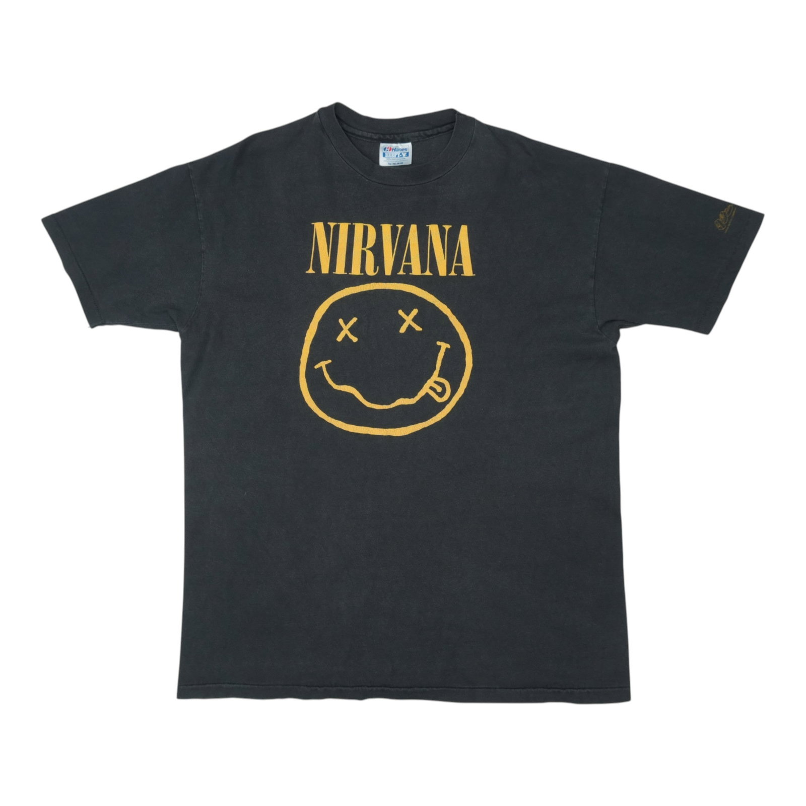 Vintage 1991 Nirvana Smiley Geffen Promotional Black Cotton T-Shirt XL: Vintage 1991 Nirvana Smiley Geffen Promotional Black Cotton T-Shirt XL This is an original vintage 1991 Nirvana Smiley Geffen promo shirt featuring both front and back graphics. The shirt is made from