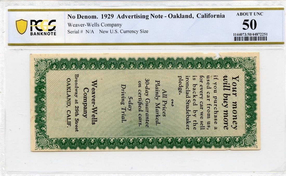 1929 Oakland Advertising Note PCGS AU50 (1 of 2)