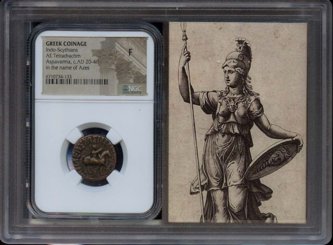 Indo-Scythian BI Tetradrachm c.AD20-46 NGC Certified Fine12: Indo-Scythian BI Tetradrachm c.AD20-46 NGC Certified Fine12 This Indo-Scythian BI Tetradrachm, dated circa AD 20-46, is an exceptional piece of historical currency. Certified by NGC with a grade of Fi