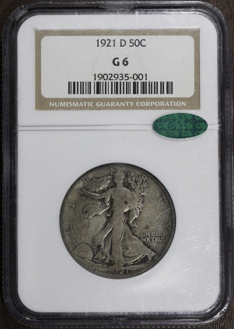 NGC G6 CAC 1921-D Walking Liberty Half Dollar Key Date: NGC G6 CAC 1921-D Walking Liberty Half Dollar Key Date Key date 1921-D Walking Liberty Half Dollar certified by NGC with a G6 grade and CAC designation. This pre-owned United States 50C silver coin is