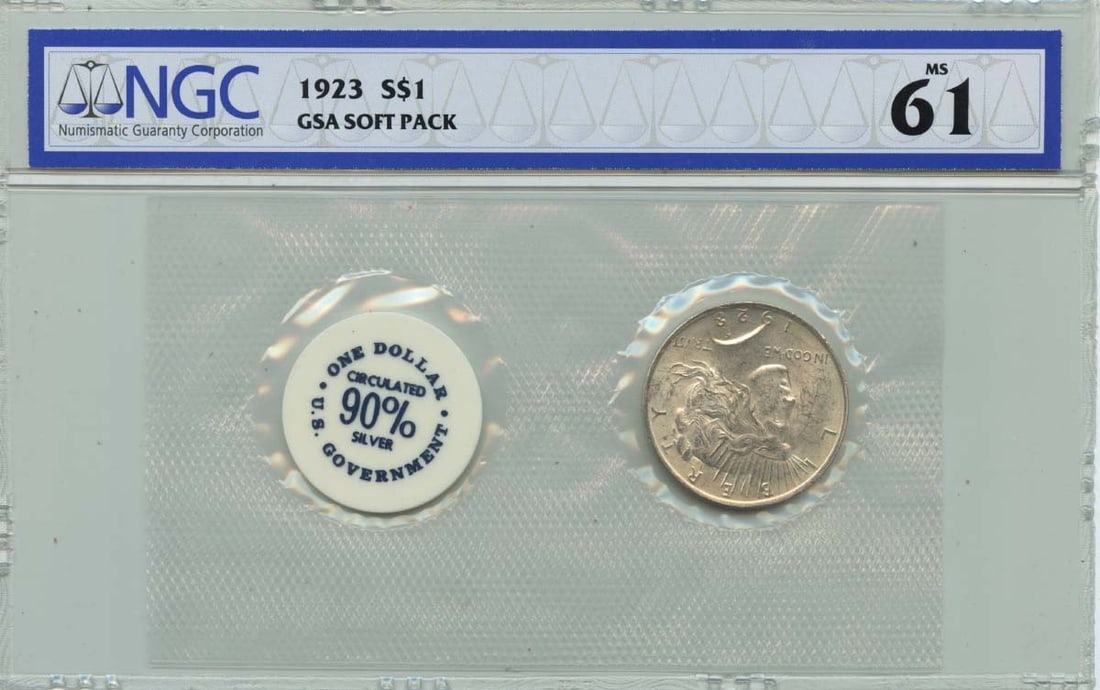 NGC MS61 1923 Peace Dollar S$1 GSA Soft Pack: NGC MS61 1923 Peace Dollar S$1 GSA Soft Pack 1923 Peace Dollar certified by NGC and graded MS61. This uncirculated, pre-owned coin is presented in a GSA soft pack. Specifications Year: 1923 Denominati