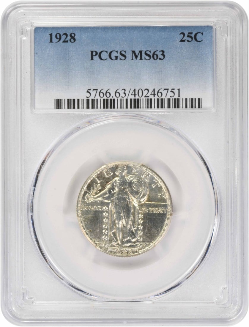 PCGS MS63 1928 Standing Liberty 25C Silver Coin: PCGS MS63 1928 Standing Liberty 25C Silver Coin 1928 Standing Liberty Silver Quarter certified by PCGS and graded MS63. This uncirculated United States coin has a silver composition, a 25C denominatio