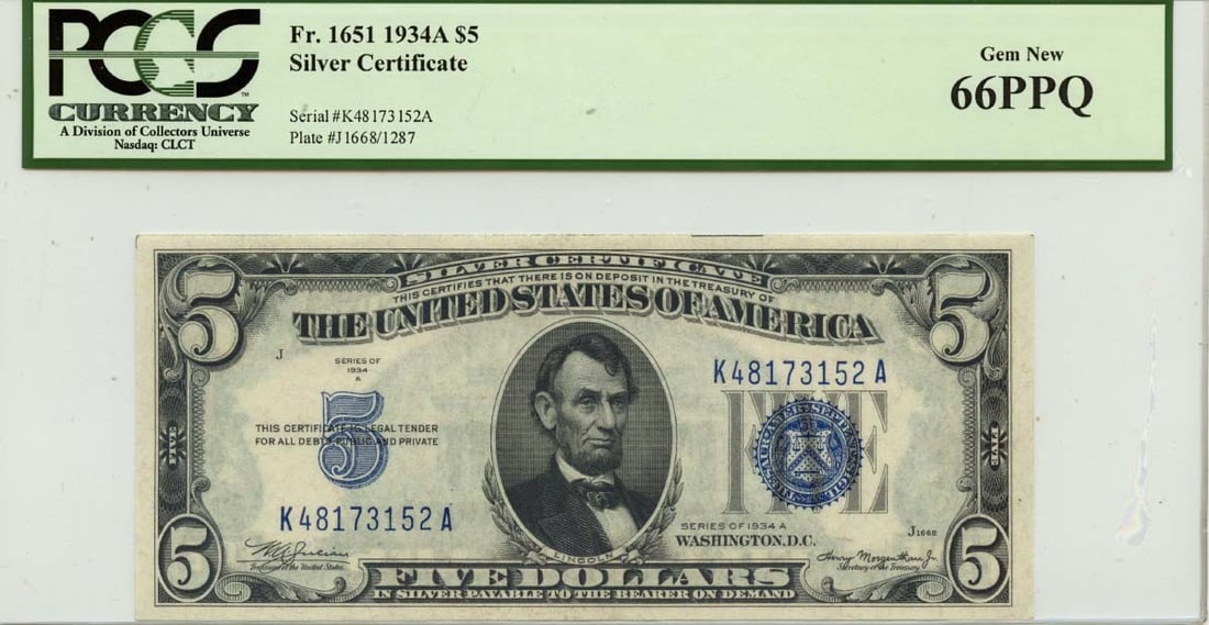 1934A $5 Silver Certificate FR#1651 PCGS Gem 66 PPQ: 1934A $5 Silver Certificate FR#1651 PCGS Gem 66 PPQ This 1934A $5 Silver Certificate, designated as FR#1651, is graded as PCGS Gem 66 PPQ, indicating it is in uncirculated condition with premium paper