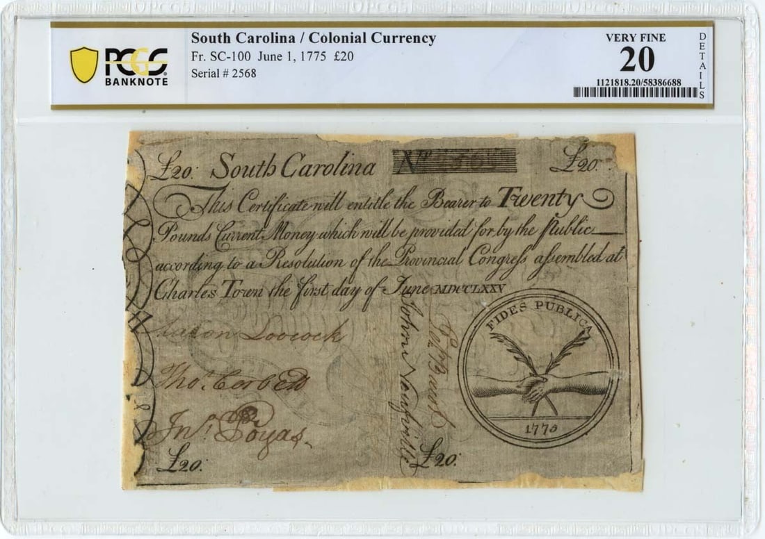 South Carolina 20 Pound Colonial Currency Note 1775 PCGS VF20 FR#SC-99 (1 of 2)