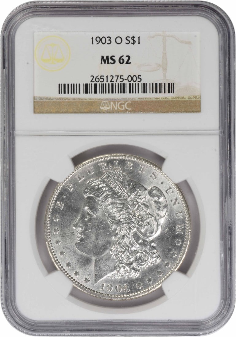 1903 New Orleans Morgan Dollar MS62 NGC Certified Silver Coin: 1903 New Orleans Morgan Dollar MS62 NGC Certified Silver Coin This 1903-O Morgan Silver Dollar is certified by NGC with a grade of MS62. Struck at the New Orleans Mint, this uncirculated coin features