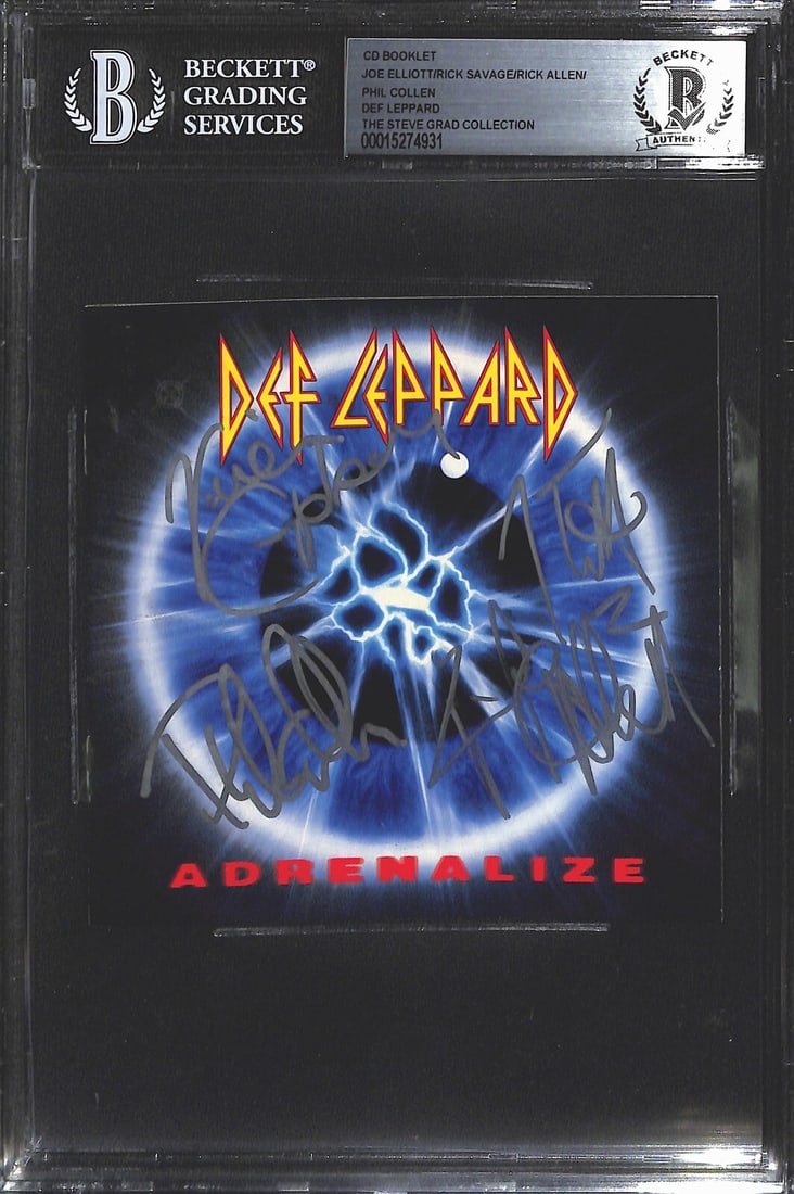 Def Leppard Adrenalize Signed CD Booklet by 4 Members Beckett Authenticated: Def Leppard Adrenalize Signed CD Booklet by 4 Members Beckett Authenticated This is an original autographed color CD booklet of "Adrenalize" by the iconic rock band Def Leppard. The booklet features t