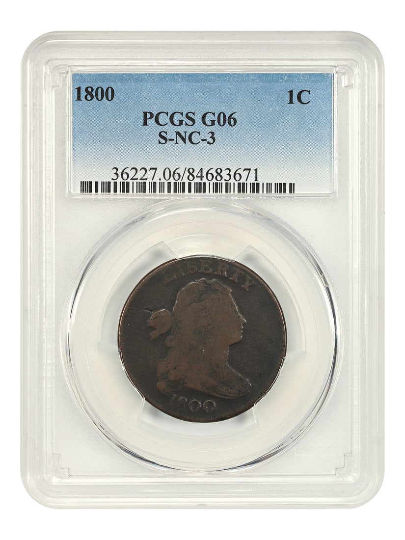 Rare R.5+ S-NC-3 1800 Draped Bust Cent PCGS Good 06: Rare R.5+ S-NC-3 1800 Draped Bust Cent PCGS Good 06 1800 Draped Bust Cent, certified by PCGS and graded Good 06. This circulated Philadelphia issue is the S-NC-3 variety, noted as a rare R.5+ variety.