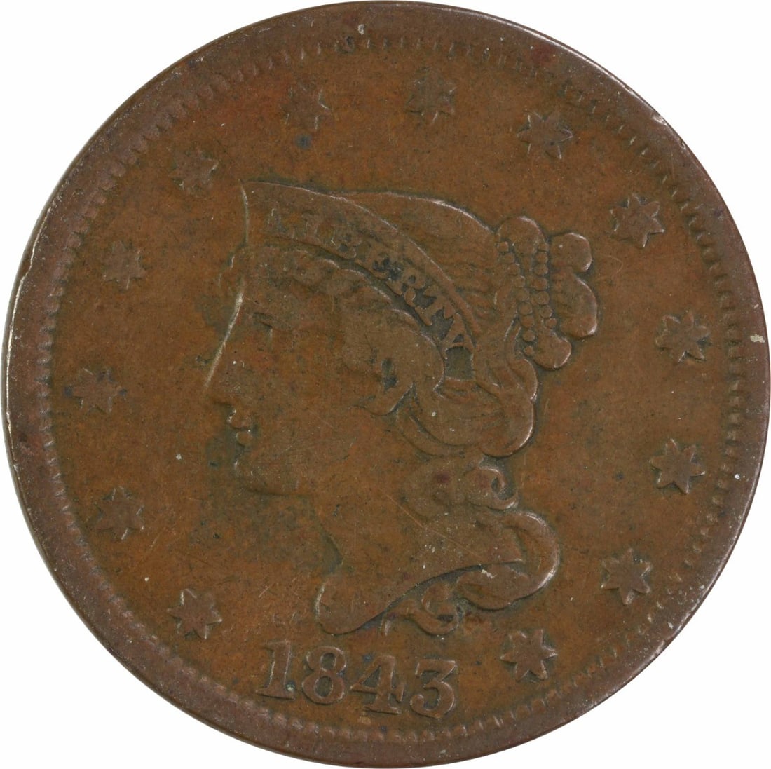 1843 Braided Hair Large Cent Small Letters VF Copper Uncertified: 1843 Braided Hair Large Cent Small Letters VF Copper Uncertified 1843 Braided Hair Large Cent with Petite/Small Letters variety. This uncertified coin is circulated and graded VF, offering a solid exa
