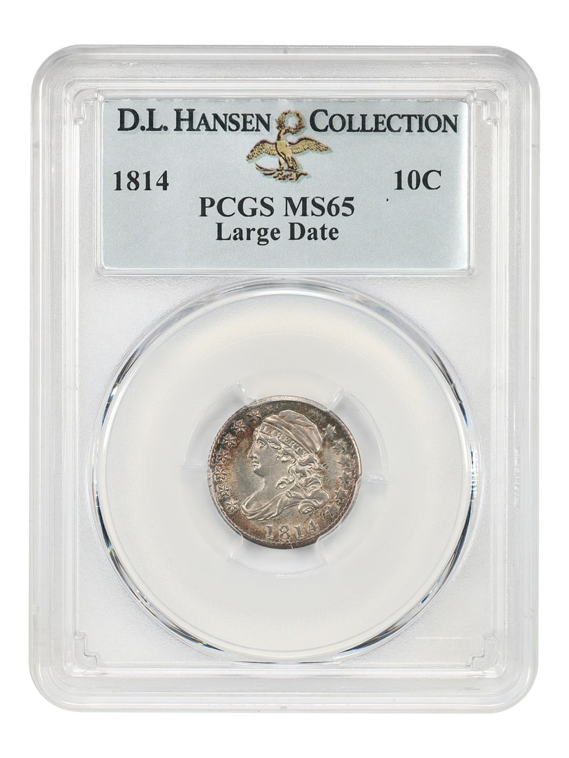 PCGS MS65 1814 Capped Bust Dime 10C Large Date ex D.L. Hansen: PCGS MS65 1814 Capped Bust Dime 10C Large Date ex D.L. Hansen 1814 Capped Bust Dime, Large Date variety, graded PCGS MS65 and offered ex: D.L. Hansen. This uncirculated example has a recorded mintage 