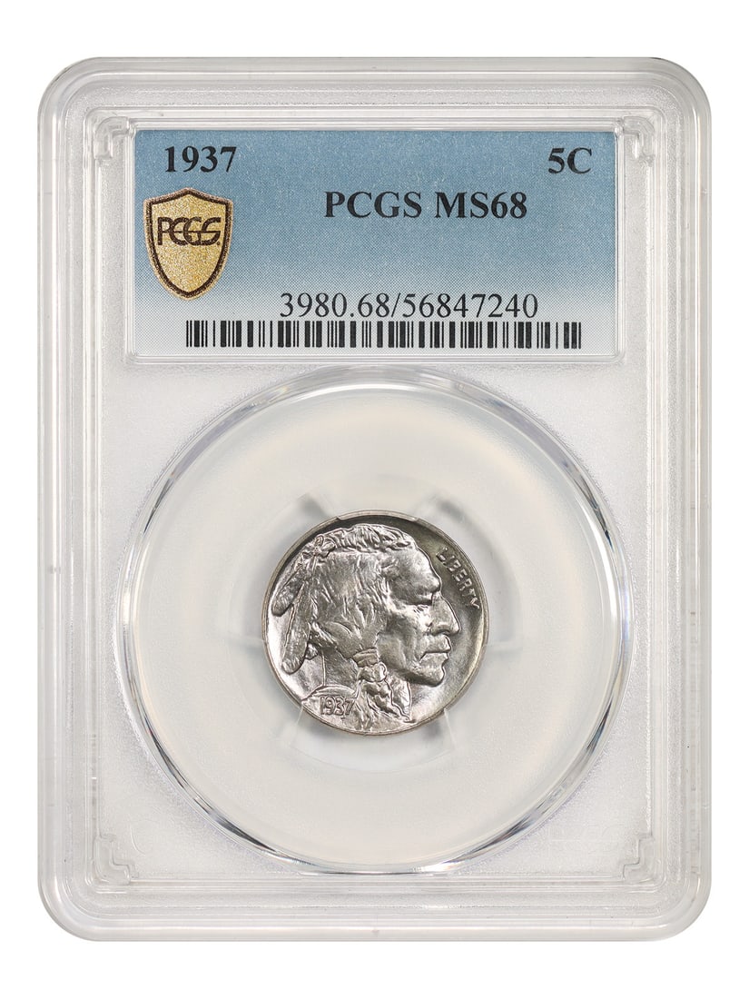 Buffalo Nickel 1937 5C PCGS MS68 Uncirculated: Buffalo Nickel 1937 5C PCGS MS68 Uncirculated 1937 5C Buffalo Nickel graded MS68 by PCGS. This Philadelphia issue is an uncirculated example with a deep, complete strike and needle-sharp detail. It sh