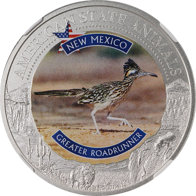 Cook Islands New Mexico Roadrunner $5 1oz Silver Coin NGC MS70 2021: Cook Islands New Mexico Roadrunner $5 1oz Silver Coin NGC MS70 2021 Original 2021 Cook Islands 1 oz silver $5 coin from the U.S. State Animal series featuring the New Mexico Roadrunner. This colorized