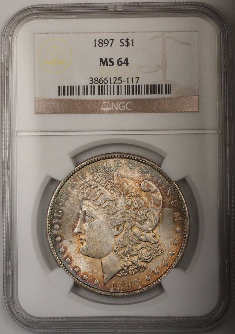 NGC MS-64 1897 Morgan Silver Dollar Philadelphia Mint Toned $1 Coin: NGC MS-64 1897 Morgan Silver Dollar Philadelphia Mint Toned $1 Coin This is an 1897 Morgan Silver Dollar coin from the United States, minted in Philadelphia. It is composed of 90% silver and has been 