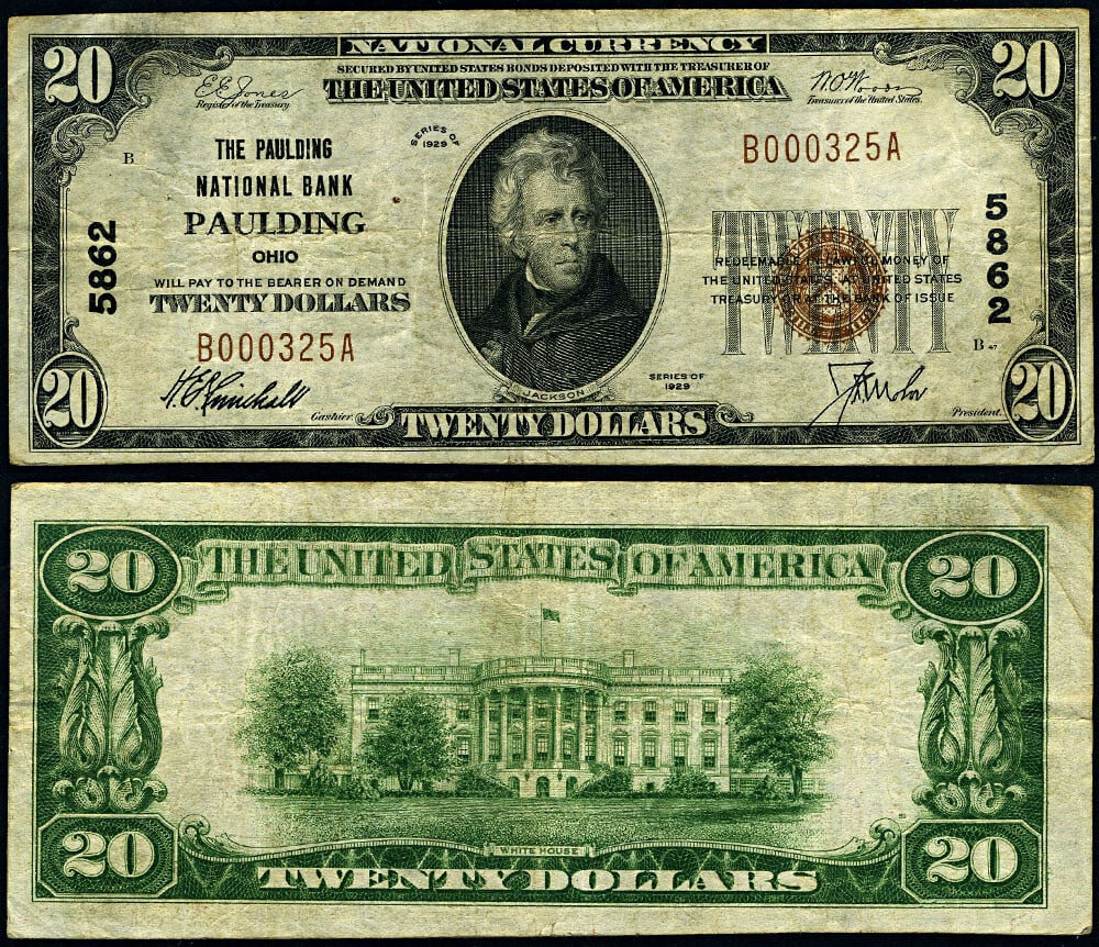 1929 $20 National Bank Note Paulding Ohio Charter 5862 Fine Plus: 1929 $20 National Bank Note Paulding Ohio Charter 5862 Fine Plus This is a 1929 Type 1 $20 National Bank Note issued by the Paulding National Bank in Paulding, Ohio, with charter number 5862. The note