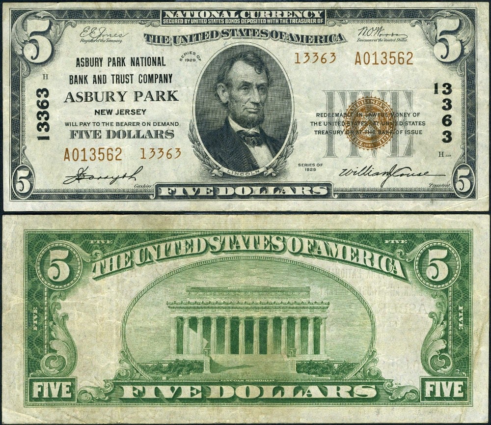 1929 $5 Asbury Park NJ National Bank Note CH#13363 VF: 1929 $5 Asbury Park NJ National Bank Note CH#13363 VF This is a circulated $5 National Bank Note from Asbury Park, New Jersey, dated 1929 Type 2. The note is graded VF (Very Fine) and is an example fr