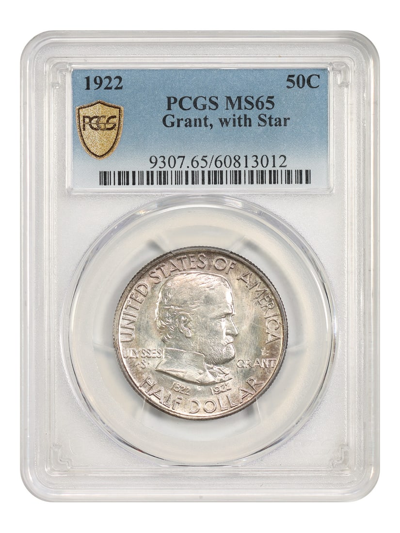 PCGS MS65 1922 Grant with Star Half Dollar Silver Commemorative: PCGS MS65 1922 Grant with Star Half Dollar Silver Commemorative 1922 Grant with Star classic silver commemorative half dollar certified by PCGS in MS65. Only 4,256 coins of the with-star variety were 