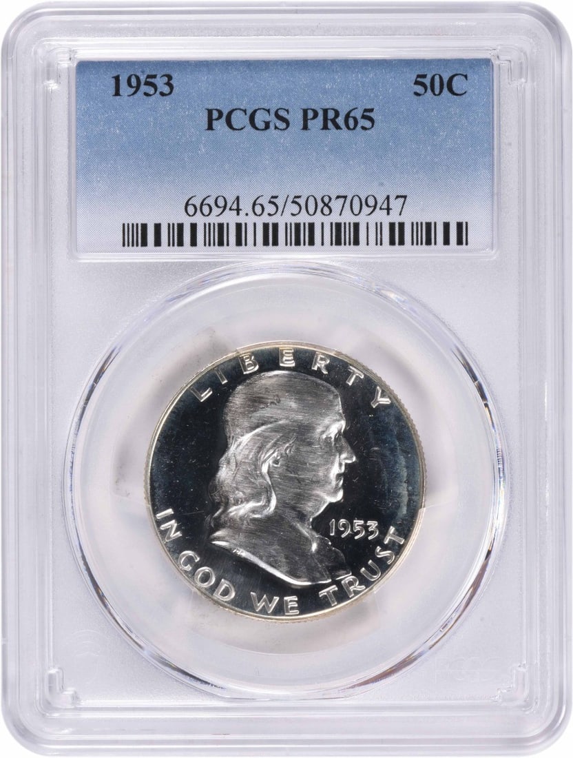 1953 Franklin Half Dollar PR65 PCGS Proof 90% Silver Coin: 1953 Franklin Half Dollar PR65 PCGS Proof 90% Silver Coin Offer a piece of American history with this 1953 Franklin Silver Half Dollar, graded PR65 by PCGS. This uncirculated proof coin, struck at the