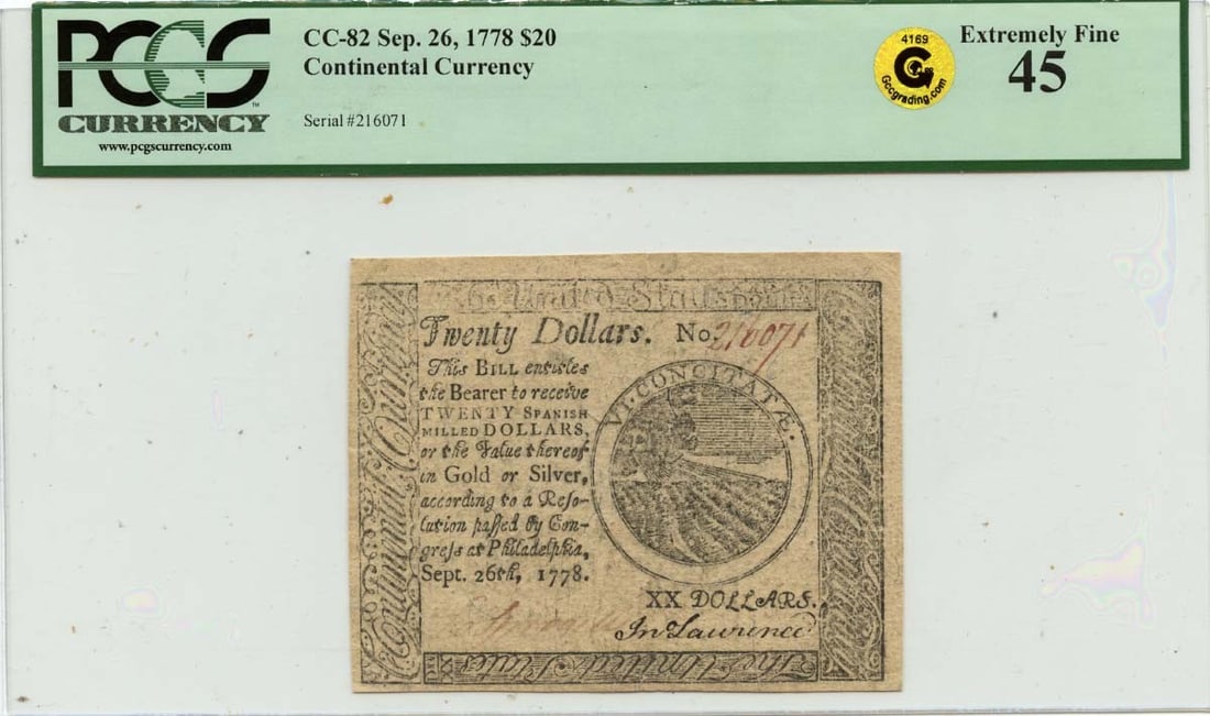 1778 $20 Continental Currency FR#CC-82 PCGS XF45 Certified: 1778 $20 Continental Currency FR#CC-82 PCGS XF45 Certified This $20 Continental Currency note, dated September 26, 1778, is a remarkable piece of American history. Certified by PCGS Currency with a gr