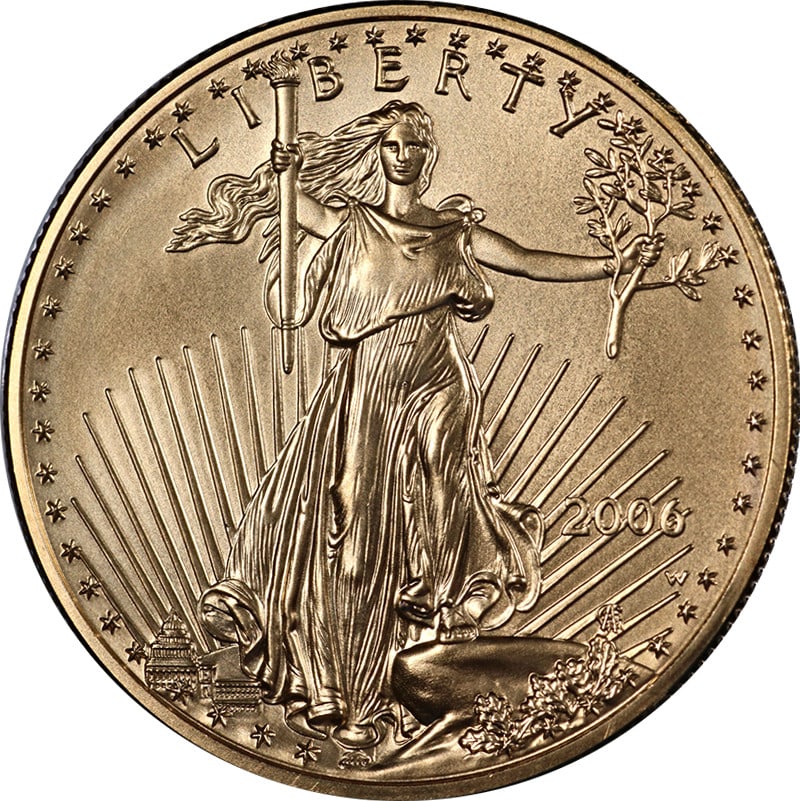 2006-W $50 Burnished Gold American Eagle with OGP and COA: 2006-W $50 Burnished Gold American Eagle with OGP and COA This 2006-W Gold American Eagle $50 coin is a burnished, uncirculated piece featuring excellent eye appeal, outstanding luster, and a strong s