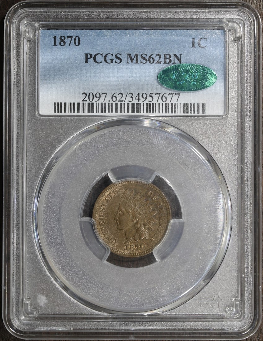 PCGS MS62BN CAC 1870 Indian Head Small Cent 1C: PCGS MS62BN CAC 1870 Indian Head Small Cent 1C 1870 Indian Head Cent graded MS62BN by PCGS with CAC approval. This small cent is composed of copper and was minted in Philadelphia, United States. The c