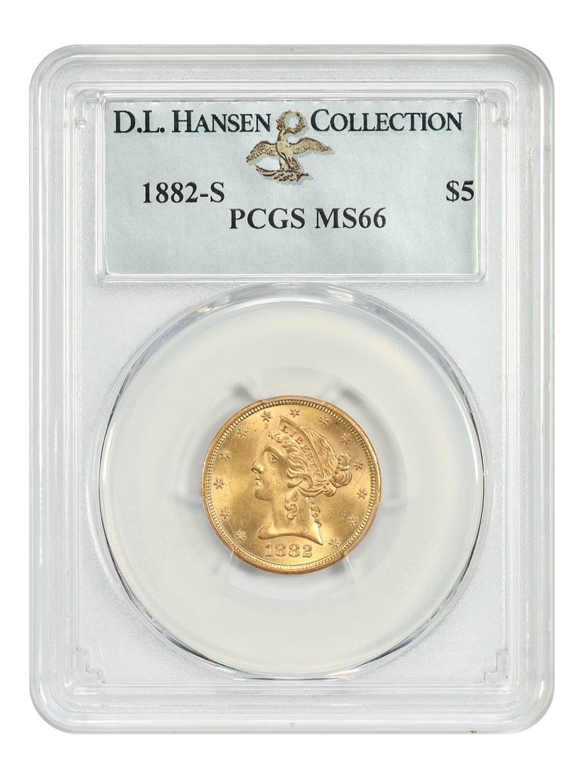 PCGS MS66 1882-S Liberty Head $5 Gold Coin ex D.L. Hansen: PCGS MS66 1882-S Liberty Head $5 Gold Coin ex D.L. Hansen 1882-S Liberty Head $5 gold coin graded PCGS MS66 and pedigreed ex: D.L. Hansen. From a healthy mintage of 969,000 pieces, this issue is consi