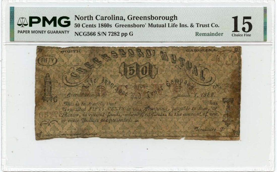 PMG F15 1862 Greensborough North Carolina 50c Obsolete Mutual Life Insurance Note (1 of 2)