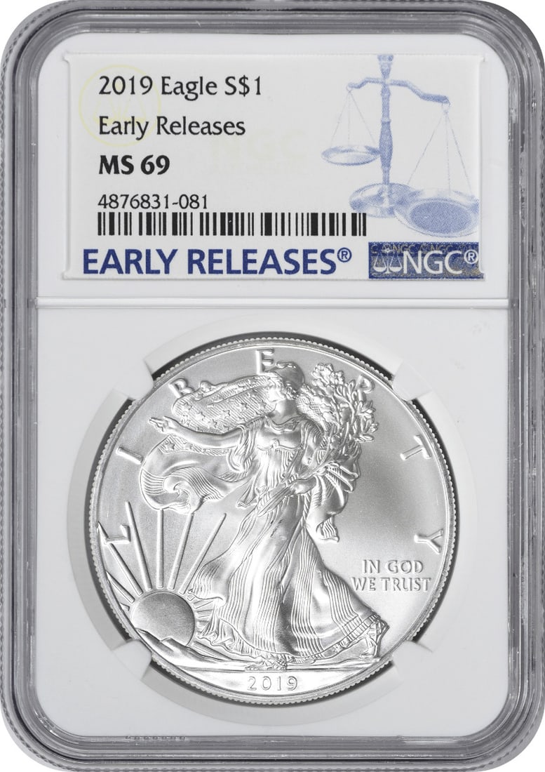 2019 Silver American Eagle Dollar Graded MS69 by NGC Early Releases: 2019 Silver American Eagle Dollar Graded MS69 by NGC Early Releases This 2019 American Silver Eagle Dollar is a certified Early Release graded MS69 by NGC. Minted by the U.S. Mint, it contains 1 oz of