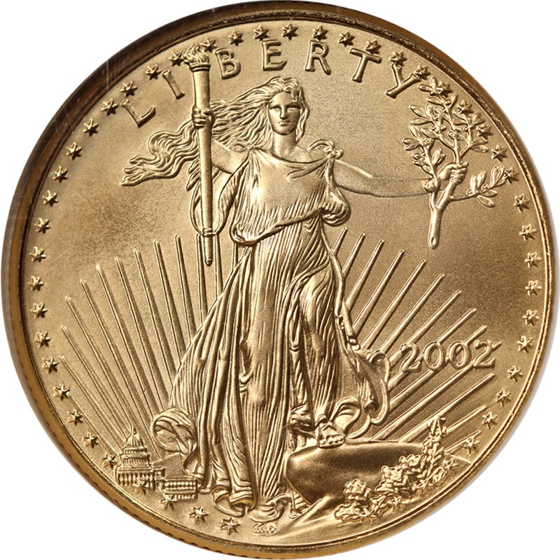 2002 NGC MS70 $25 Gold American Eagle Coin: 2002 NGC MS70 $25 Gold American Eagle Coin This 2002 Gold American Eagle $25 coin is graded MS70 by NGC, indicating a perfect uncirculated condition. It features excellent luster and a strong strike, 