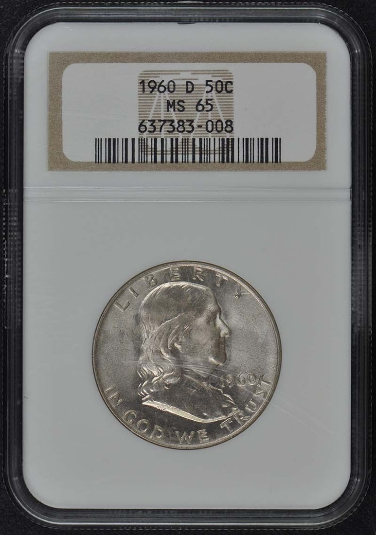 1960-D Franklin Half Dollar NGC MS65 Uncirculated Coin: 1960-D Franklin Half Dollar NGC MS65 Uncirculated Coin This 1960-D Franklin Half Dollar is certified by NGC with a grade of MS65, indicating an uncirculated condition. Minted in Denver, this coin show