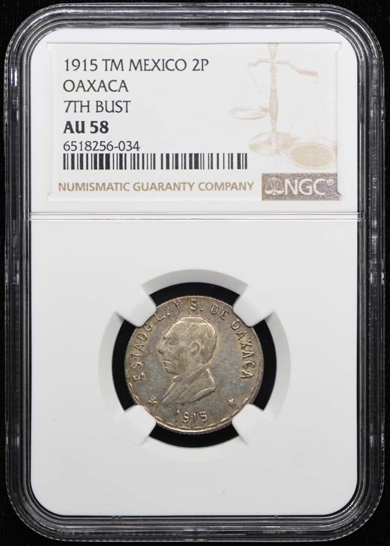Mexico Oaxaca 1915 2 Pesos 7th Bust TM NGC AU58 GB-351: Mexico Oaxaca 1915 2 Pesos 7th Bust TM NGC AU58 GB-351 1915 Mexico Oaxaca 2 pesos coin, 7th Bust type, graded AU58 by NGC. This pre-owned coin is listed as circulated. Specifications Item Type: Coin Y