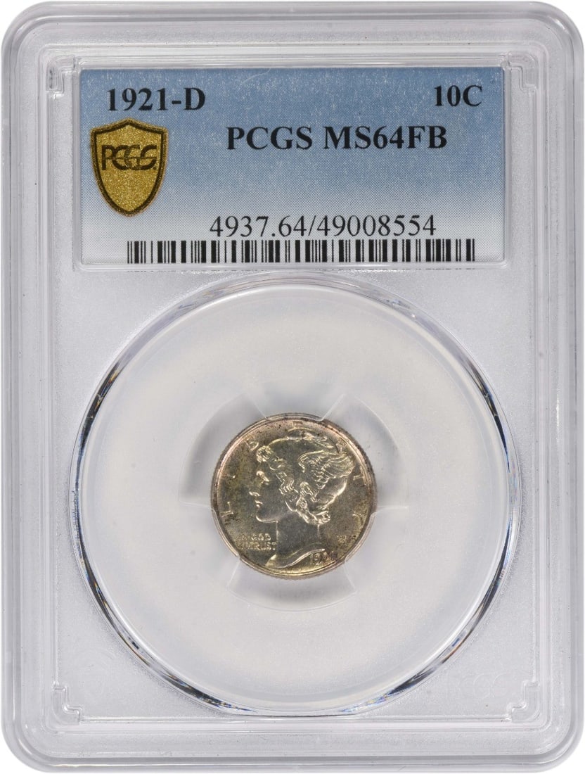 PCGS MS64FB 1921 Denver Mercury Dime 90 Percent Silver Uncirculated: PCGS MS64FB 1921 Denver Mercury Dime 90 Percent Silver Uncirculated This 1921-D Mercury Dime is graded MS64FB by PCGS and features full split bands. Struck at the Denver Mint, this uncirculated coin i