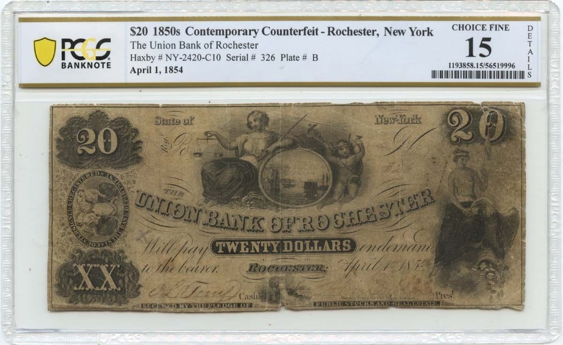 PCGS F15 Union Bank Rochester NY $20 Obsolete Counterfeit Note 1854 (1 of 2)
