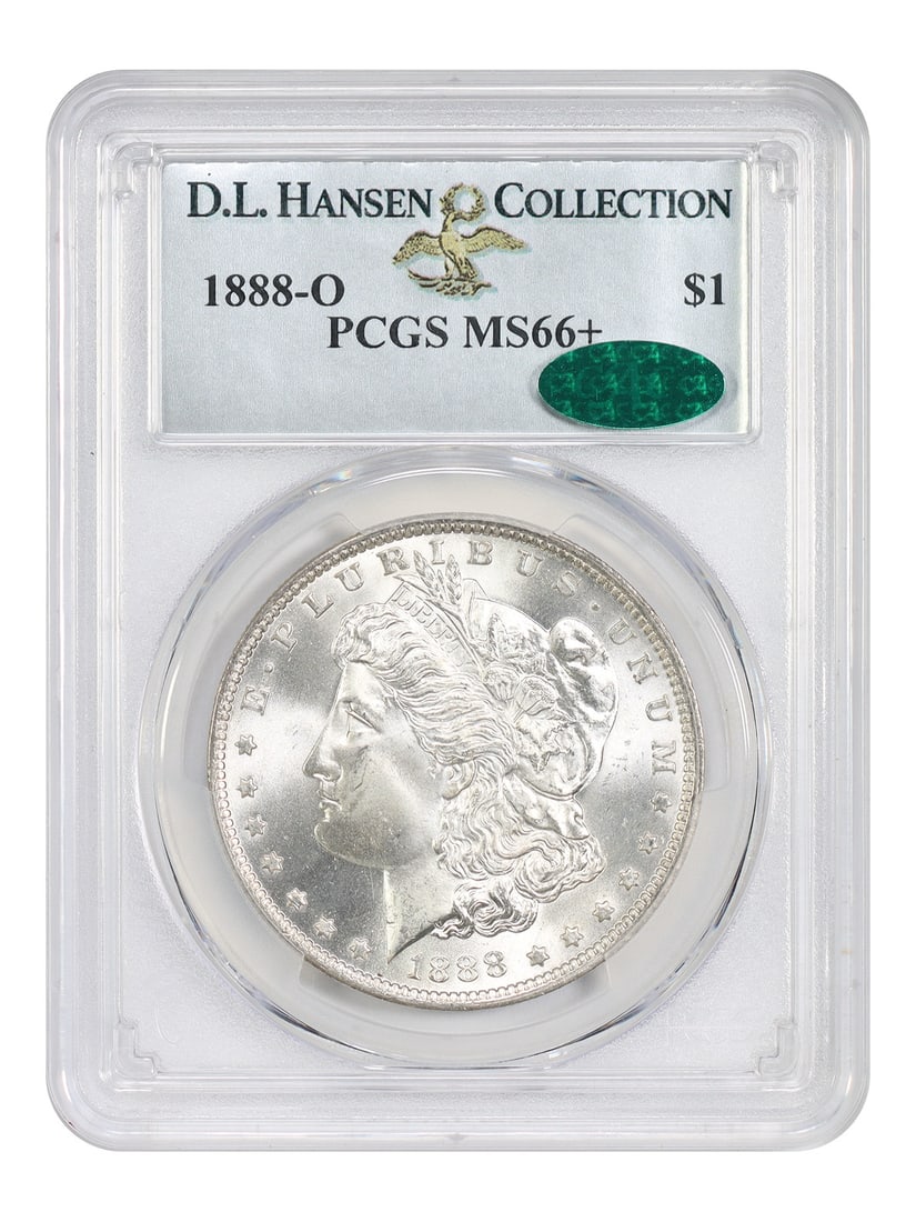 1888-O Morgan Dollar $1 PCGS MS66+ CAC ex D.L. Hansen: 1888-O Morgan Dollar $1 PCGS MS66+ CAC ex D.L. Hansen 1888-O Morgan Dollar certified by PCGS and approved by CAC in MS66+ grade. This uncirculated New Orleans issue is described as a slightly better O