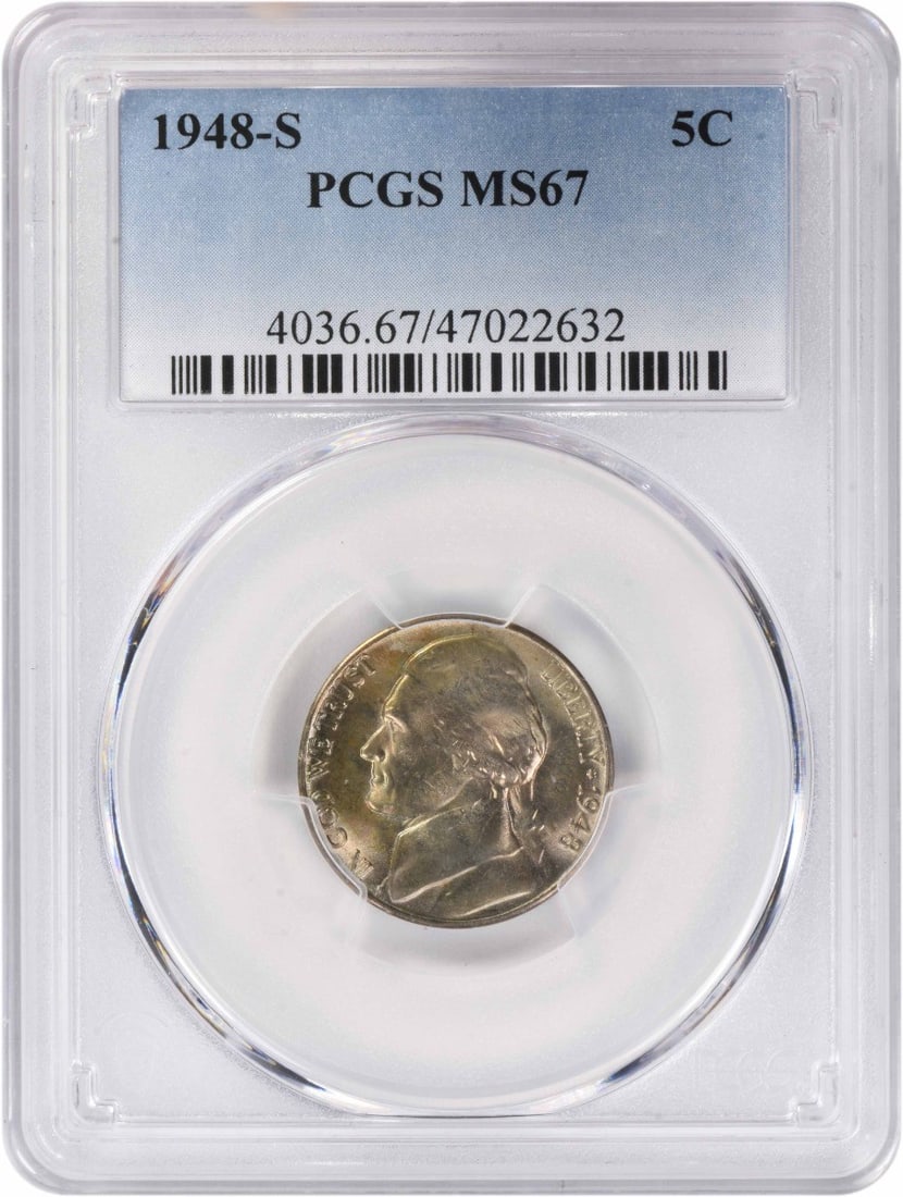 PCGS MS67 1948 S Jefferson 5C Nickel: PCGS MS67 1948 S Jefferson 5C Nickel Uncirculated 1948-S Jefferson Nickel graded MS67 by PCGS. This United States 5C coin is composed of nickel and identified by KM number A192. Condition is pre-owned