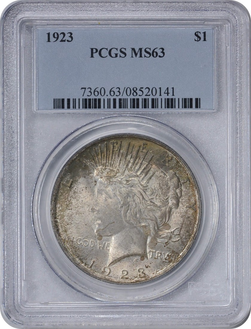 1923 Peace Silver Dollar MS63 PCGS Dark Red Toning Uncirculated: 1923 Peace Silver Dollar MS63 PCGS Dark Red Toning Uncirculated This 1923 Peace Silver Dollar is graded MS63 by PCGS, showcasing a striking dark cloudy red tone on both sides. Minted in Philadelphia, 