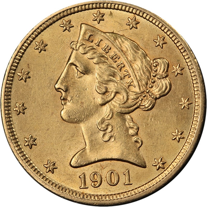 Uncirculated 1901 Liberty Head Five Dollar Gold Coin Philadelphia Mint: Uncirculated 1901 Liberty Head Five Dollar Gold Coin Philadelphia Mint This 1901-P Liberty Gold $5 coin features attractive eye appeal with strong luster, a sharp strike, and pleasing color and surfac