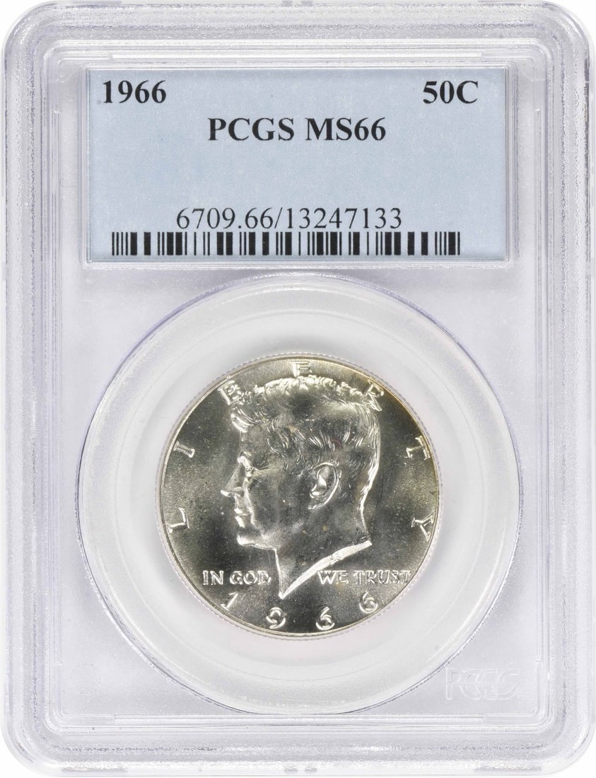 PCGS MS66 1966 Kennedy 50C Silver Half Dollar: PCGS MS66 1966 Kennedy 50C Silver Half Dollar 1966 Kennedy half dollar certified by PCGS and graded MS66. This uncirculated silver 50C coin is a pre-owned example from the United States. Specification