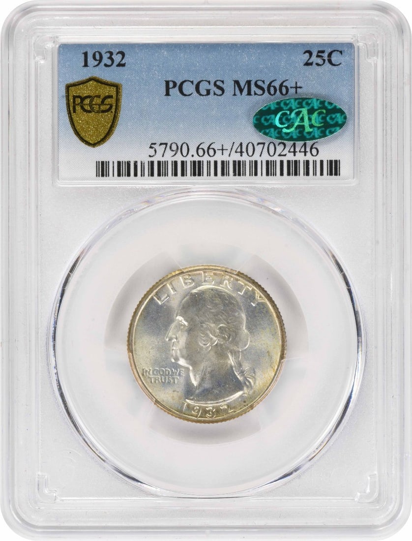 PCGS CAC 1932 Washington Quarter 25C Silver MS66+: PCGS CAC 1932 Washington Quarter 25C Silver MS66+ 1932 Washington silver quarter certified by PCGS and carrying a CAC designation. This uncirculated United States 25C coin features the Washington desi