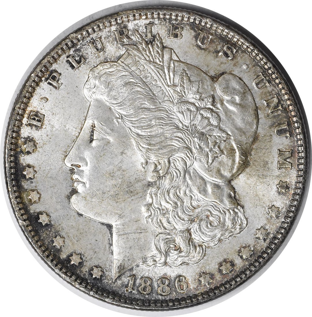 Choice BU 1886 Silver Morgan Dollar Uncirculated Toned Example: Choice BU 1886 Silver Morgan Dollar Uncirculated Toned Example This 1886 Morgan Silver Dollar features a choice brilliant uncirculated (BU) grade with attractive toning. It is an uncertified coin comp