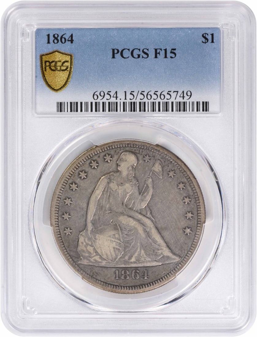 PCGS Graded 1864 Seated Liberty Silver Dollar F15 United States Coin: PCGS Graded 1864 Seated Liberty Silver Dollar F15 United States Coin This is an 1864 Liberty Seated Silver Dollar, graded F15 by PCGS. The coin is circulated and made of silver, featuring the Seated L