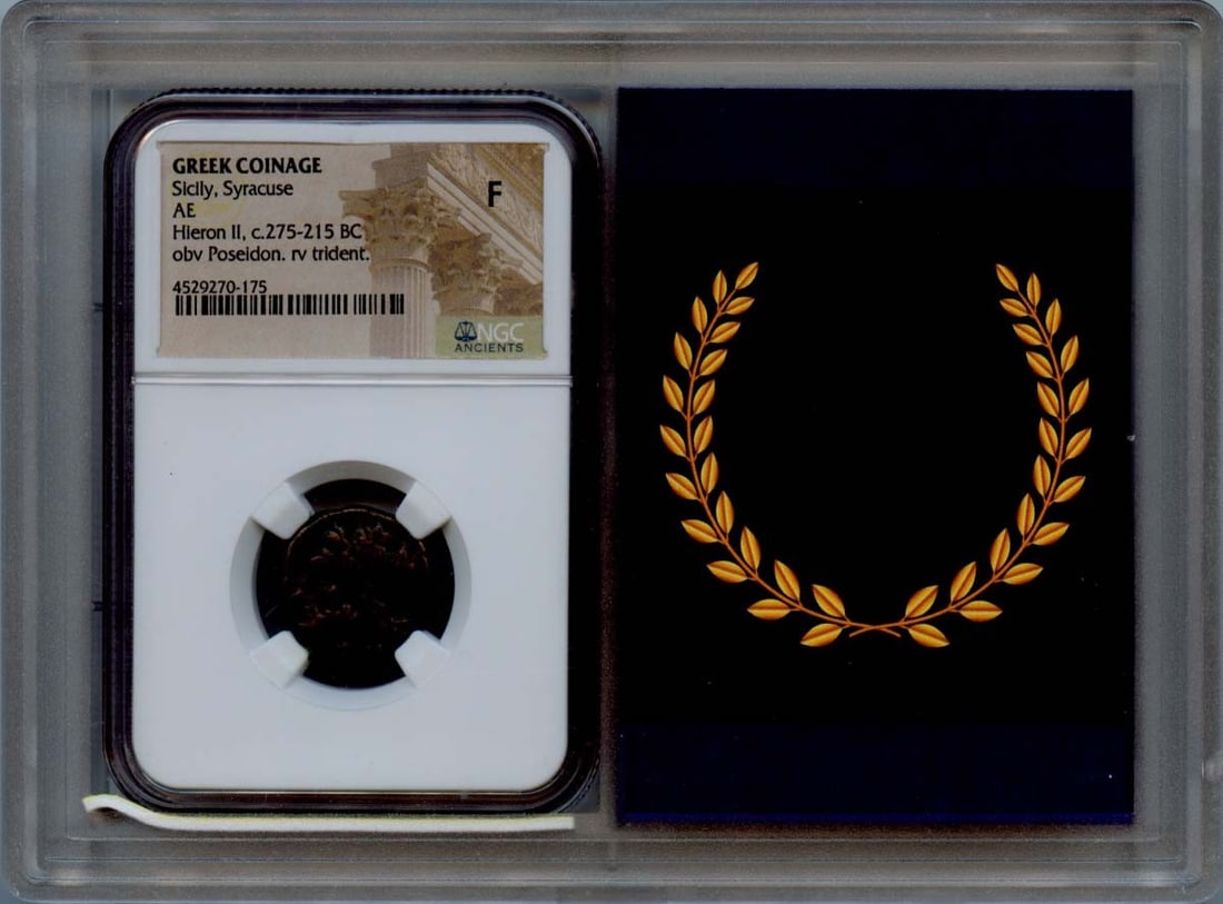 Syracuse Sicily Ancient Greek Coin NGC F12 Certified: Syracuse Sicily Ancient Greek Coin NGC F12 Certified This ancient Greek coin from Syracuse, Sicily, is a remarkable piece of history. Certified by NGC with a grade of F12, it showcases the rich herita