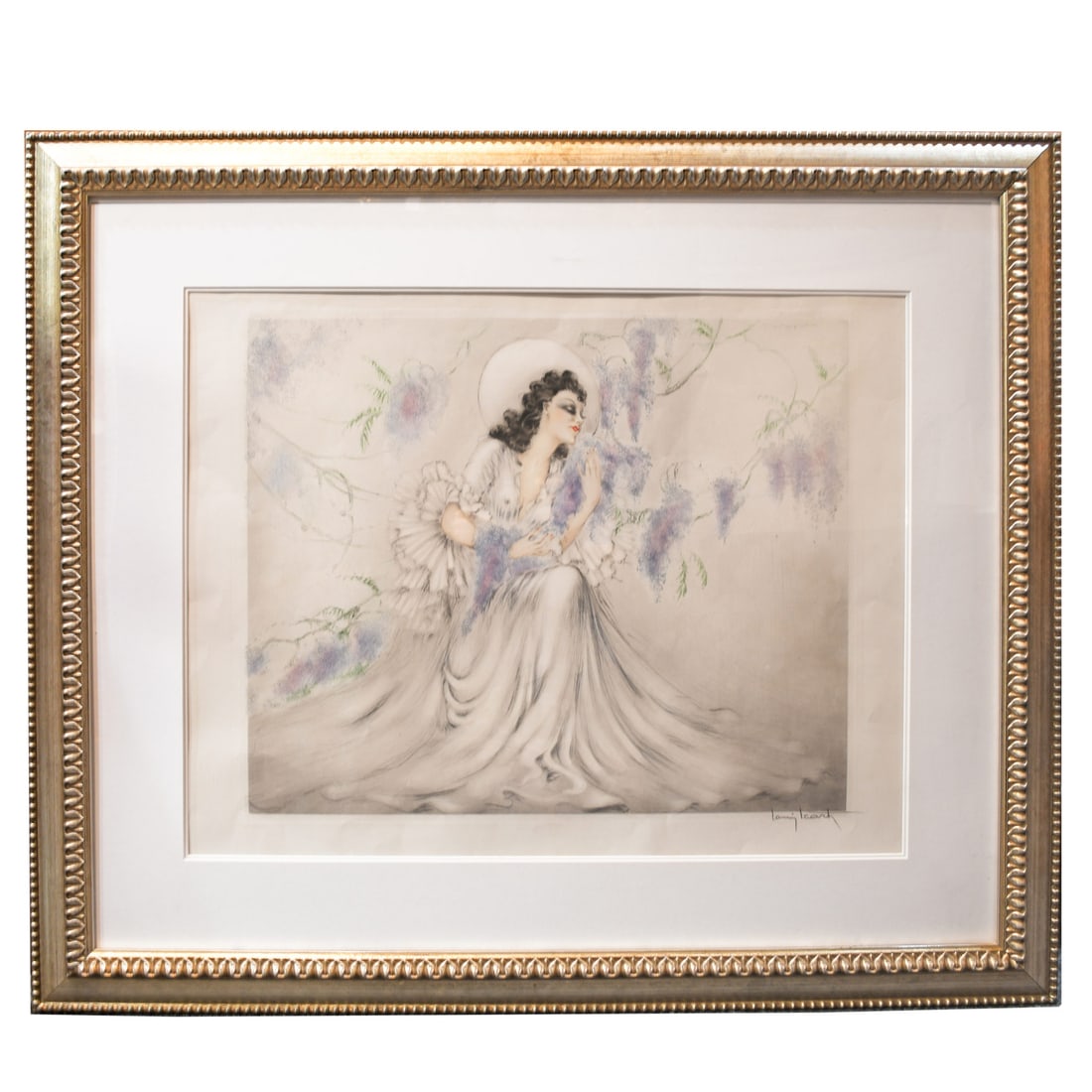 Signed Louis Icart Art Deco Woman Print La Glycine Wisteria: Signed Louis Icart Art Deco Woman Print La Glycine Wisteria This is a limited edition print titled "La Glycine Wisteria" by Louis Icart (1888-1950), created in 1940. The artwork is an etching and aqua
