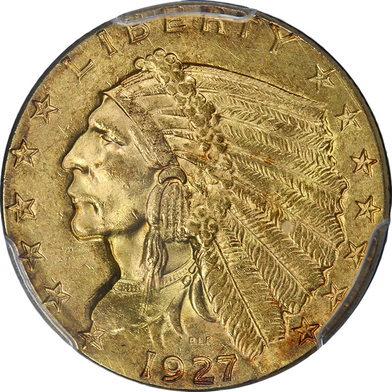 1927 US $2.50 Gold Coin PCGS MS63 Indian Head Uncirculated: 1927 US $2.50 Gold Coin PCGS MS63 Indian Head Uncirculated This 1927 Indian Gold $2.50 coin is certified by PCGS with a grade of MS63. It features a strong strike, attractive luster, and notable coppe